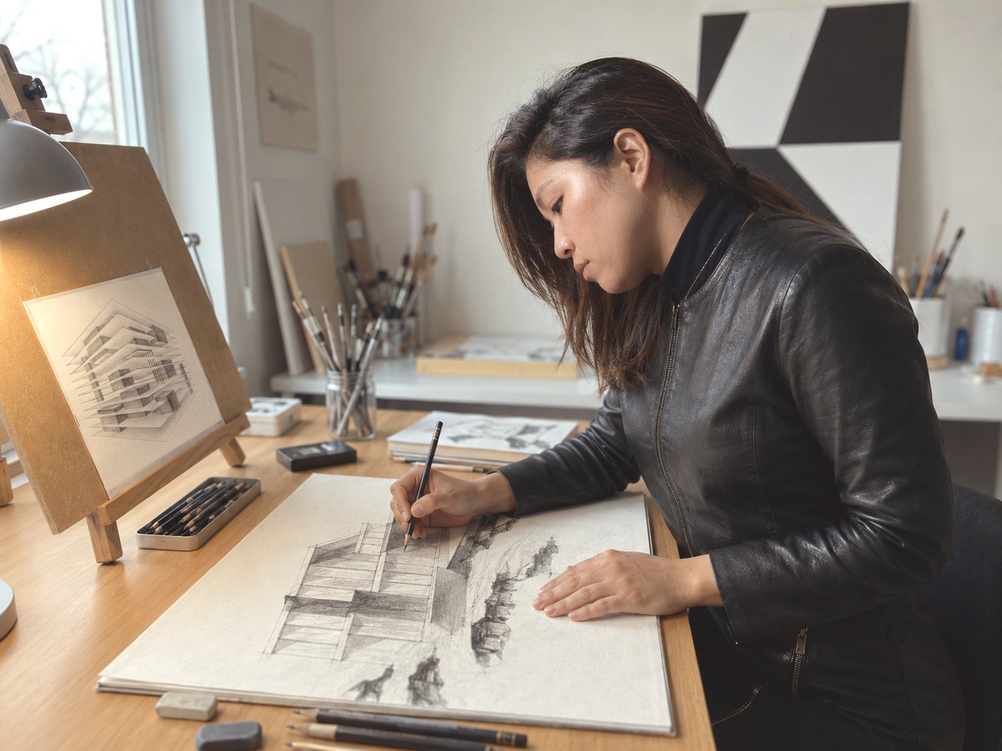 Miho Maeda dessinant un projet d'architecture dans son atelier