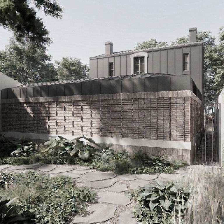 Extension contemporaine en brique de la Maison B sur jardin, Bois-Colombes