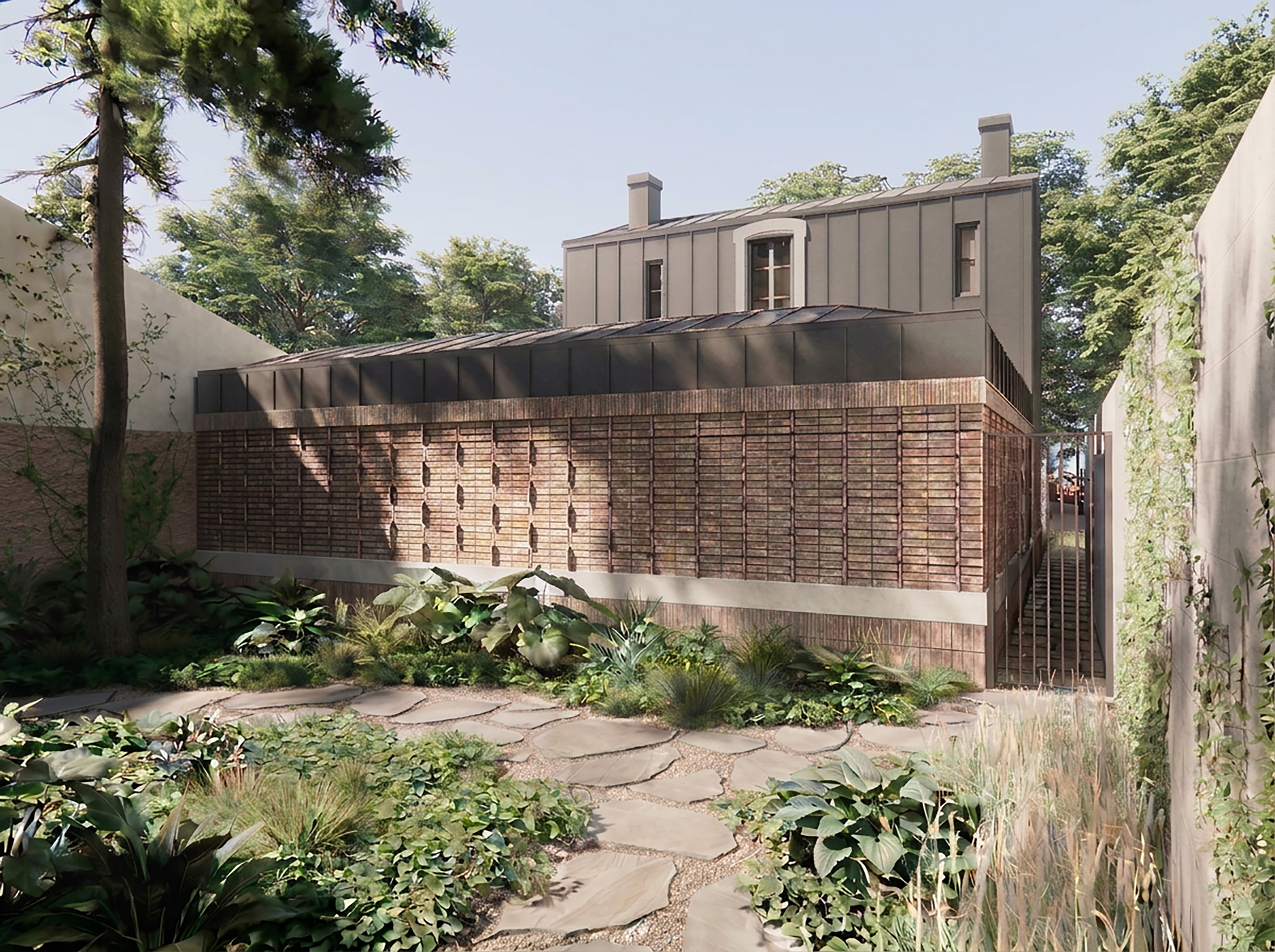 Extension en brique claustra de la Maison B, vue jardin