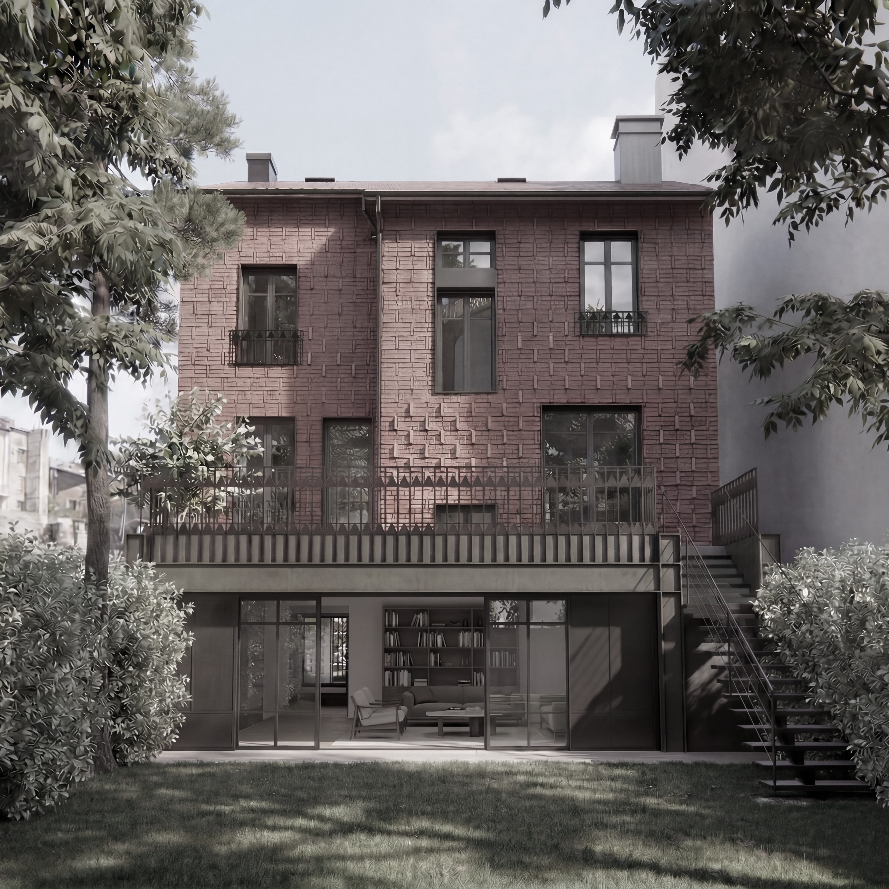 Façade jardin en brique rouge de la Maison VH, Bois-Colombes