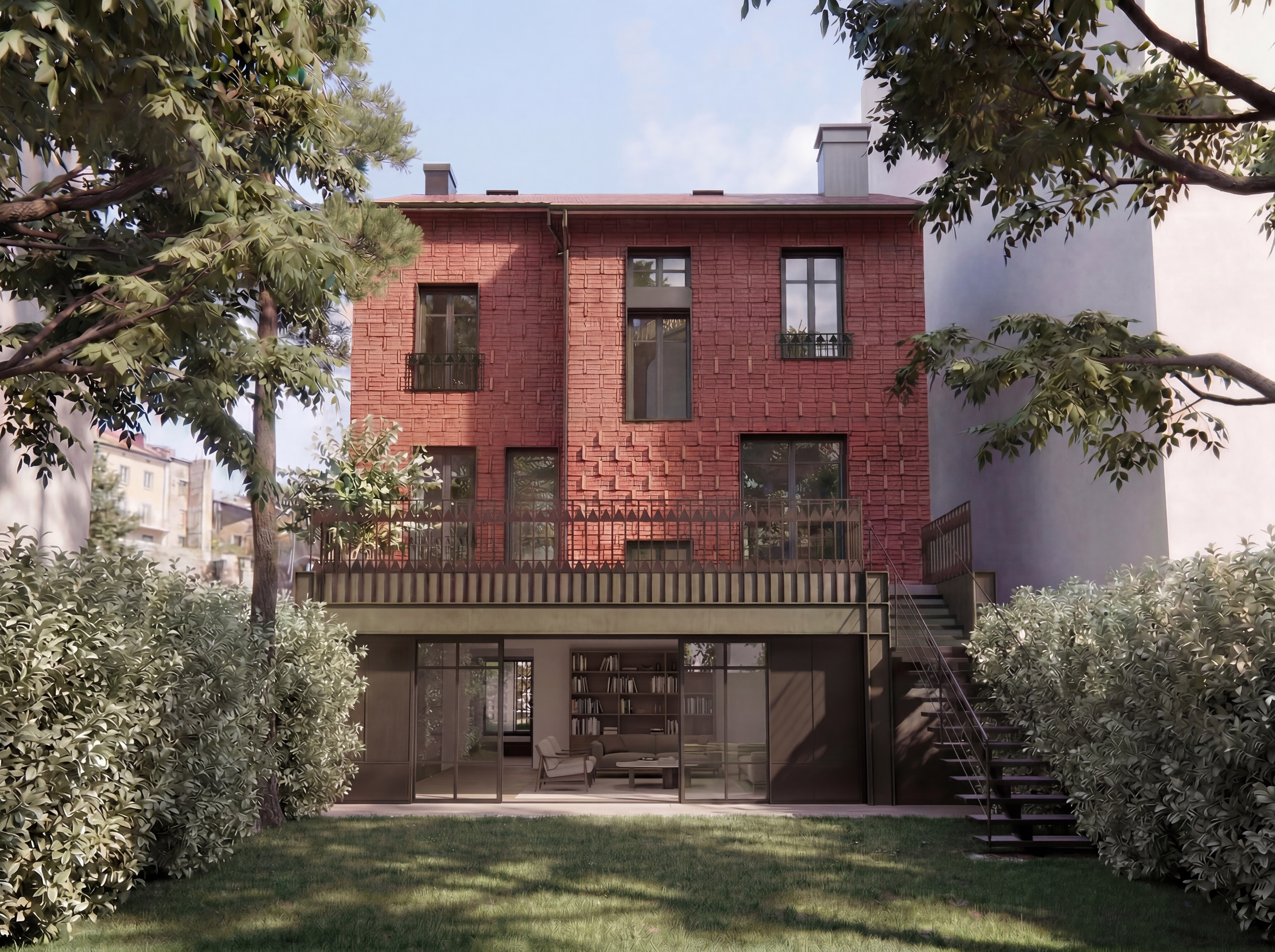 Maison VH, façade sur jardin avec extension vitrée en rez-de-jardin
