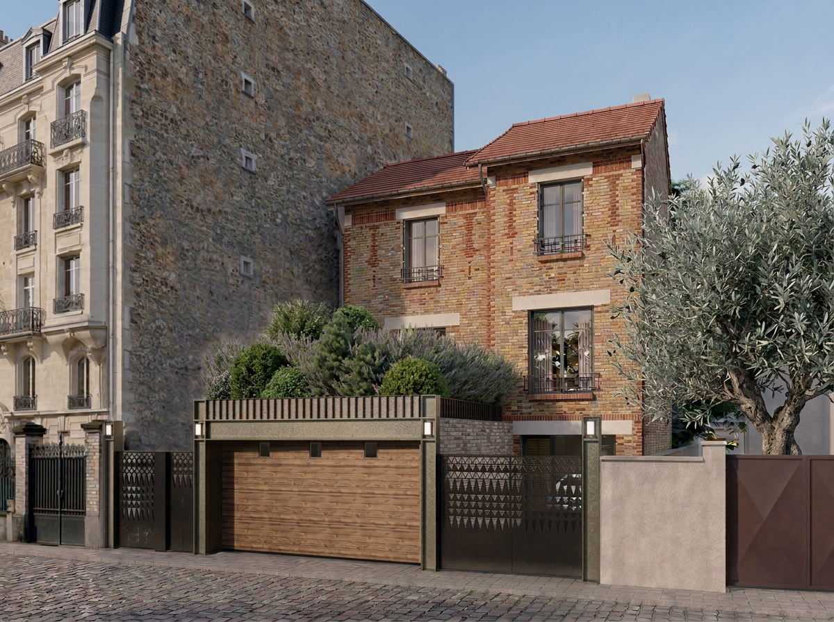 Façade sur rue en brique de la Maison VH avec portail bois et olivier