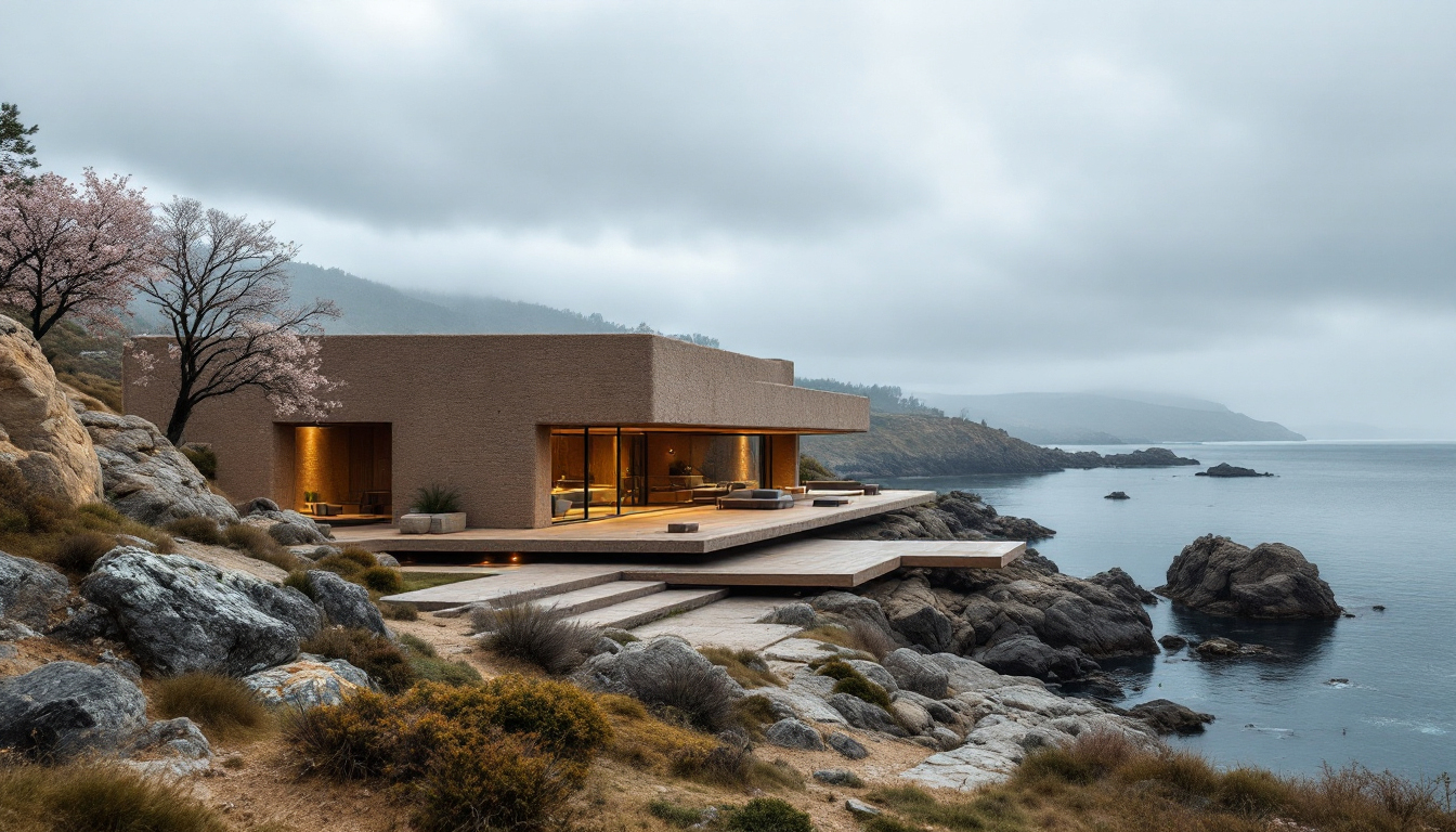 Villa MU, façade et terrasse avec cerisier en fleurs face à la mer