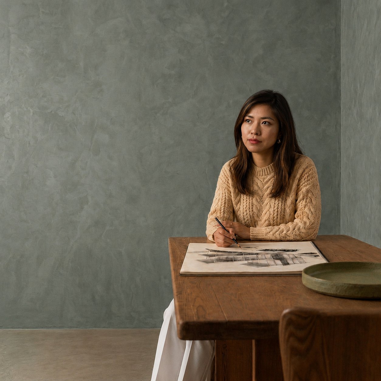 Miho Maeda dessinant un projet à la main dans son atelier